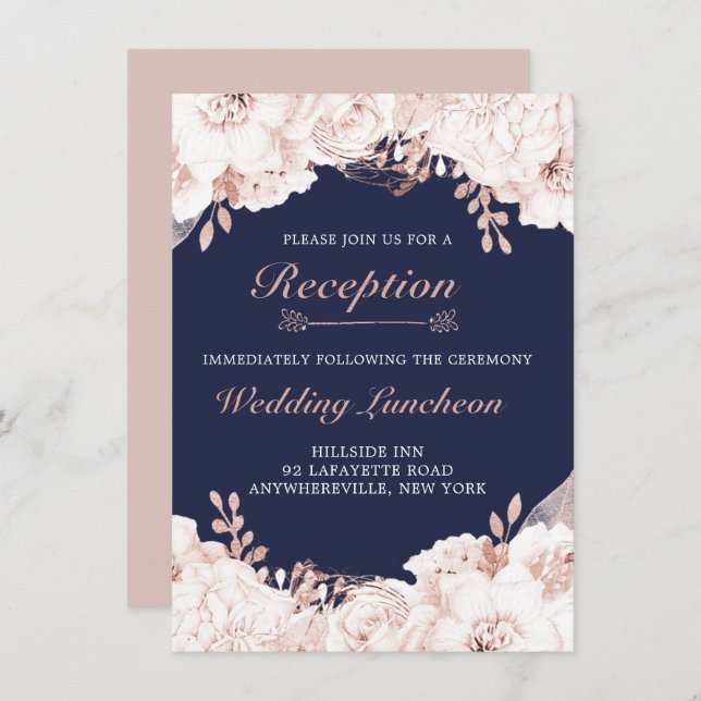 Dusty Rose White Lush Floral Navy Blue Reception Invitation (Front/Back)