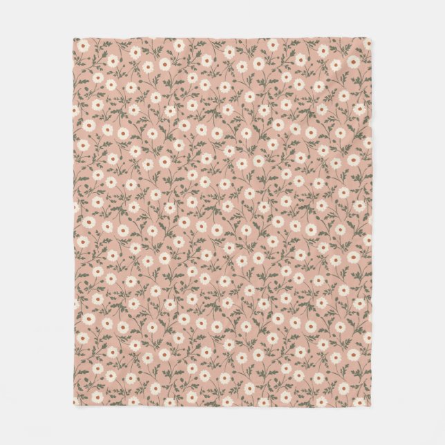 Dusty Rose White Modern Farmhouse Daisy Pattern Fleece Blanket (Front)