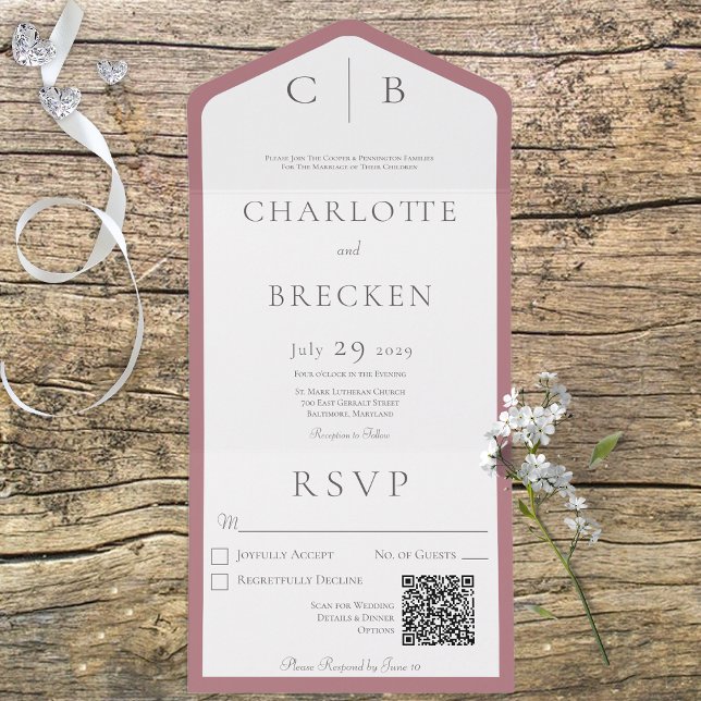 Dusty Rose & White Monogram Minimal QR Code All In One Invitation (Creator Uploaded)