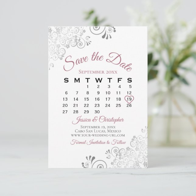 Dusty Rose & White Simple Elegant Wedding Calendar Save The Date (Standing Front)