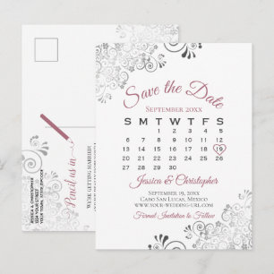 Dusty Rose & White Wedding Save the Date Calendar Announcement Postcard