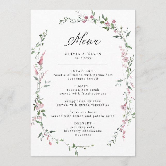 Dusty Rose Wild Flower Blush Wreath Wedding Menu (Front)