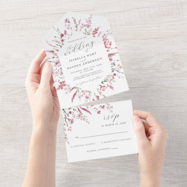 Dusty Rose Wild Flower Meadow Floral Wedding RSVP All In One Invitation (Tearaway)