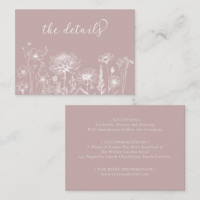 Dusty Rose Wildflower Details Card Wedding Insert (Front/Back)