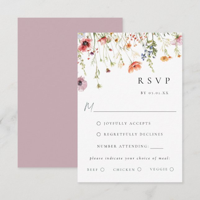 Dusty Rose Wildflower Wedding Meal Choice RSVP Card (Front/Back)