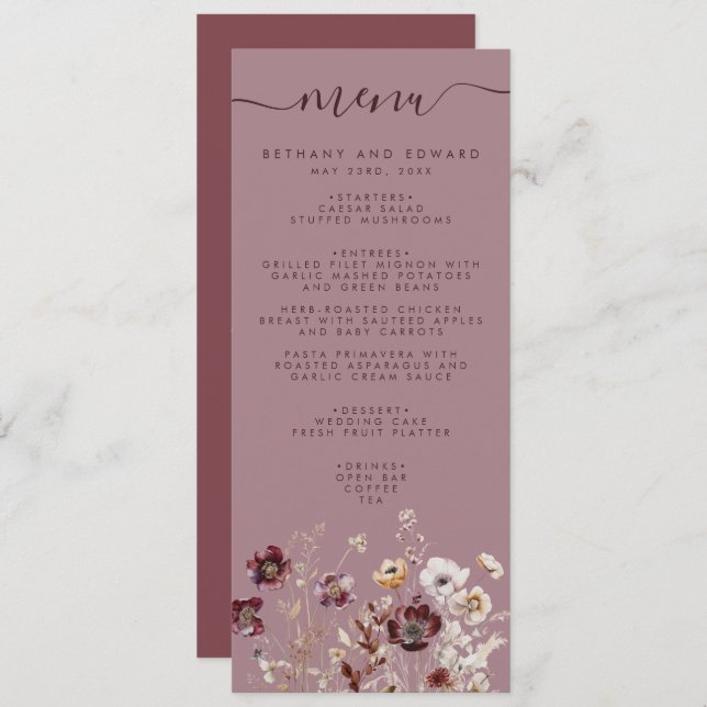 Dusty Rose Wildflower Wedding Menu (Front/Back)