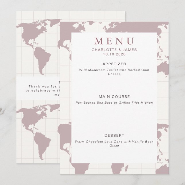 Dusty Rose World Map Destination Wedding Favour Menu (Front/Back)