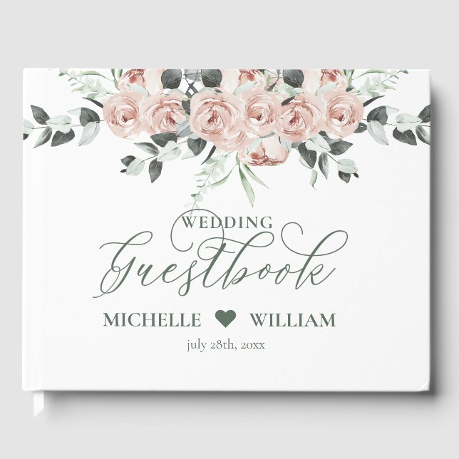 Dusty Roses Eucalyptus Floral Script Wedding  Guest Book (Front)