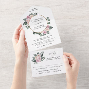 Dusty Roses Floral Gold Circle Wedding All In One Invitation