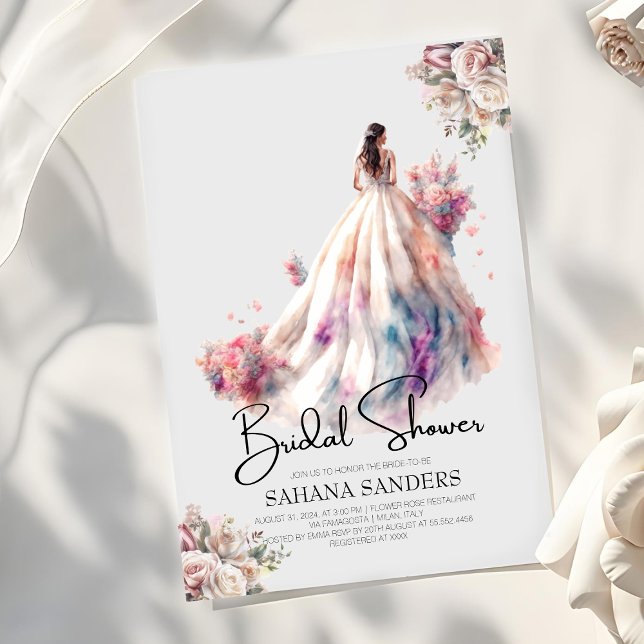 Dusty Roses Floral Wedding Dress Bridal Shower Invitation (Creator Uploaded)