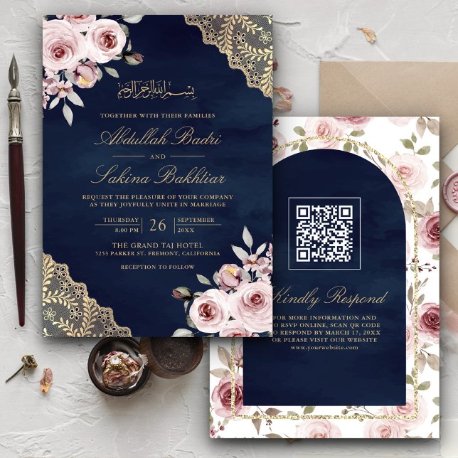 Dusty Roses Gold Lace QR Code Navy Muslim Wedding Invitation (Creator Uploaded)