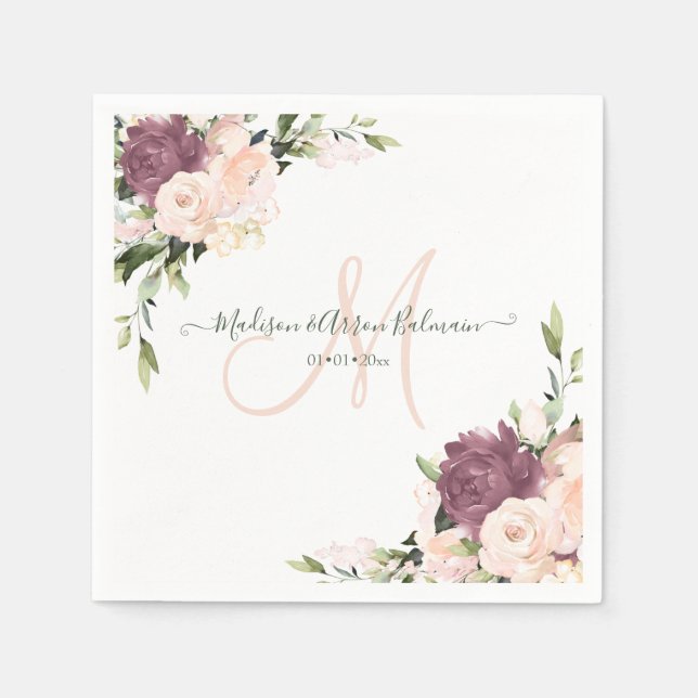 Dusty Roses Monogram Floral Watercolor Napkin (Front)