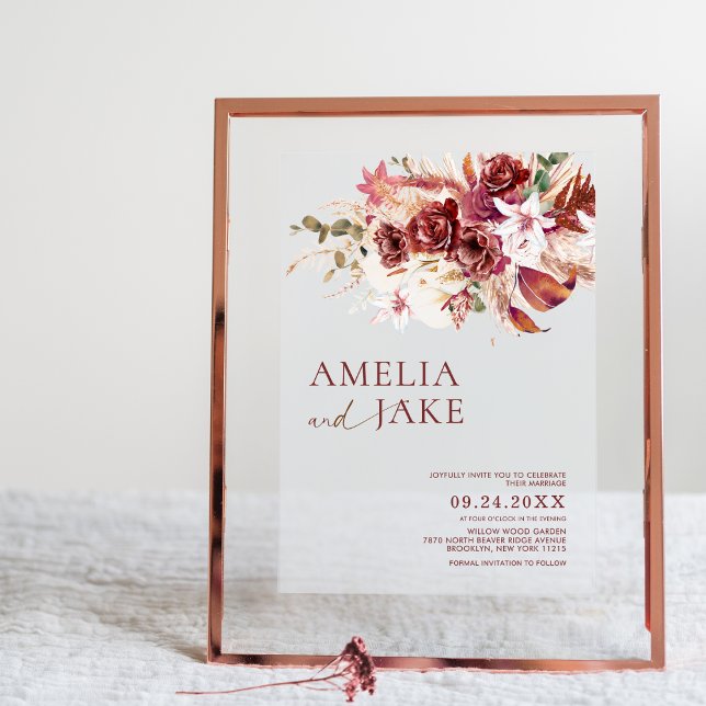 Dusty Rosewood & Burgundy Blush Floral Wedding  Acrylic Invitations (Creator Uploaded)
