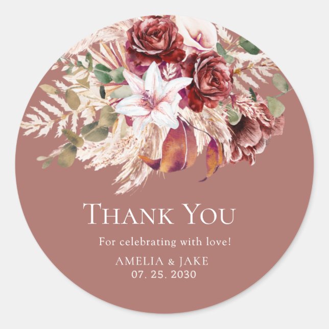 Dusty Rosewood & Burgundy Blush Floral Wedding  Classic Round Sticker (Front)