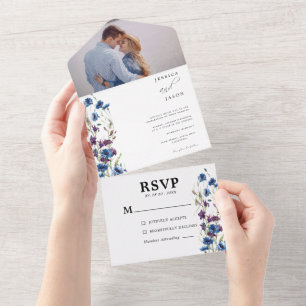Dusty Royal Blue Purple Bllom Wedding All In One Invitation