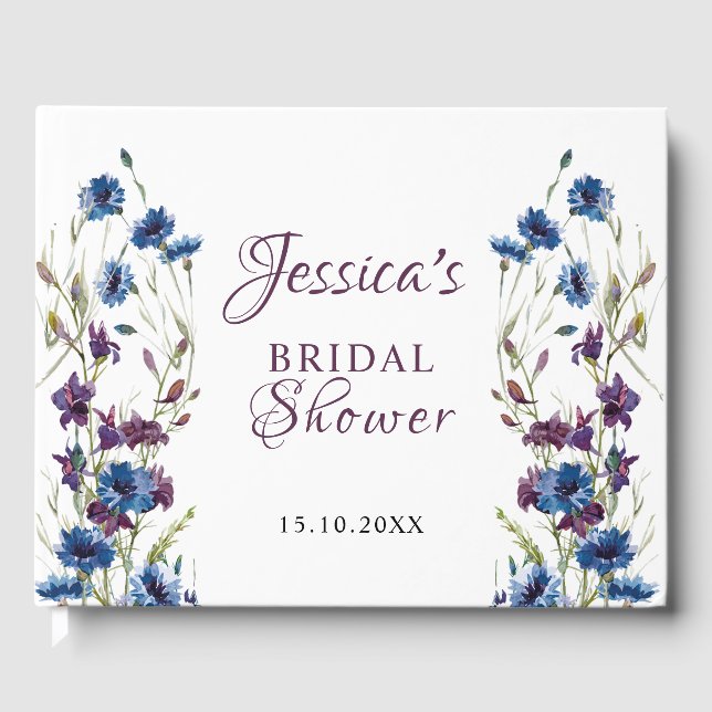 Dusty Royal Blue Purple Bloom Bridal Shower Guest Book (Front)