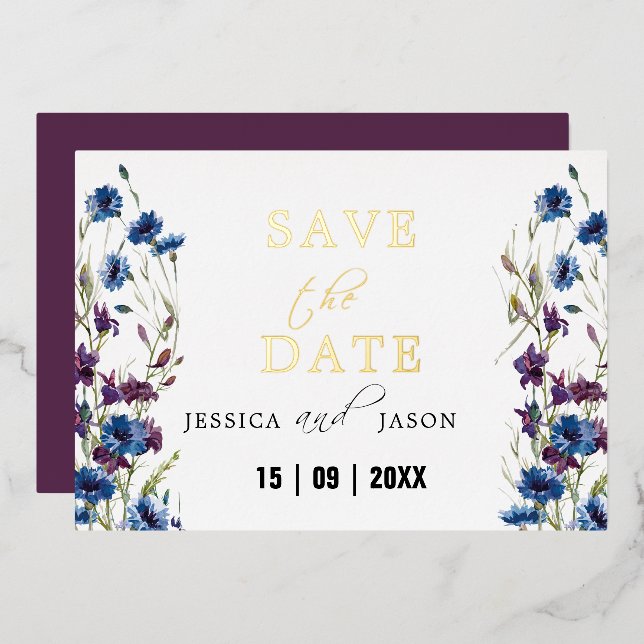 Dusty Royal Blue Purple Bloom Floral Save The Date (Front/Back)