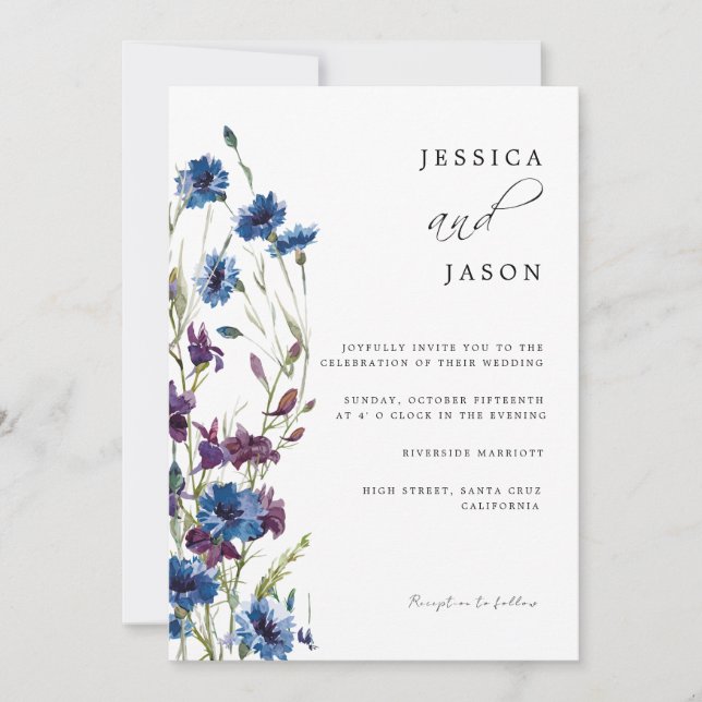 Dusty Royal Blue Purple Bloom Floral Wedding Invitation (Front)
