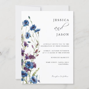 Dusty Royal Blue Purple Bloom Floral Wedding Invitation