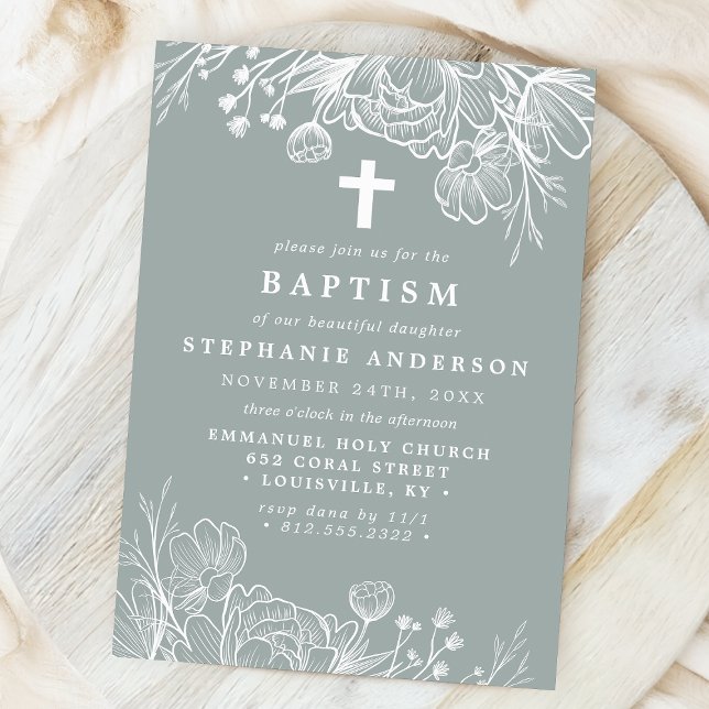 Dusty Sage and White Floral Baptism Invitation (Creator Uploaded)