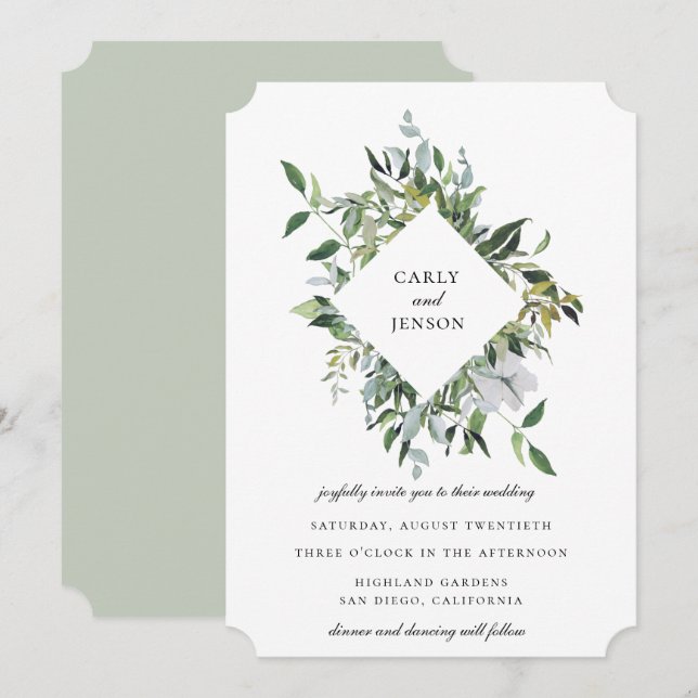 Dusty Sage Botanical Frame Wedding Invitation (Front/Back)