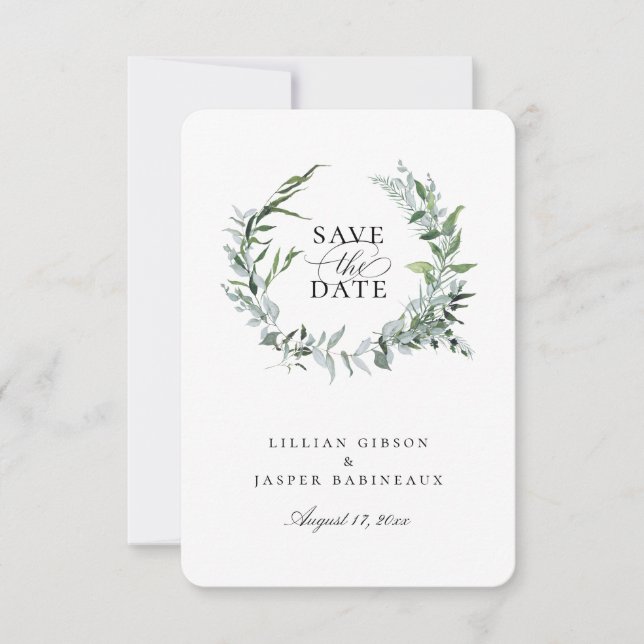 Dusty Sage Botanical Wreath Save The Date Announcement (Front)