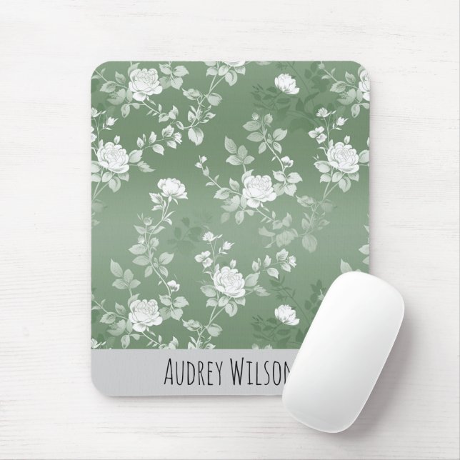 Dusty Sage Floral Green Flower Greenery Pattern Mouse Mat (With Mouse)
