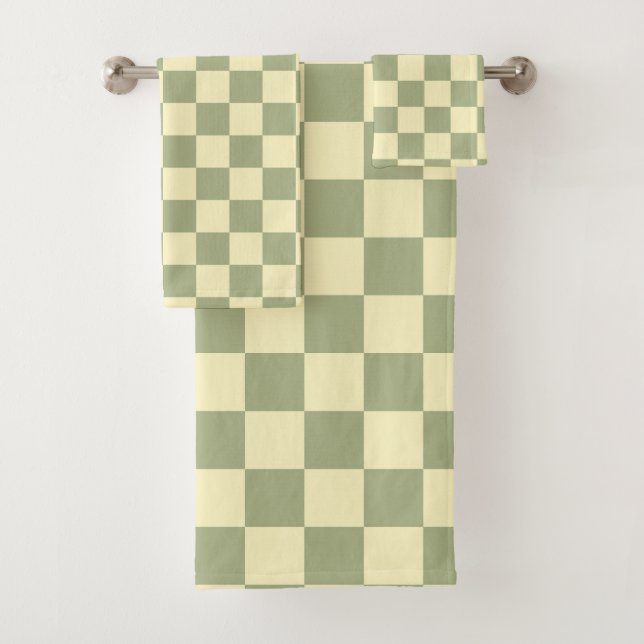 Dusty Sage Green and Butter Yellow Checkerboard Bath Towel Set (Insitu)