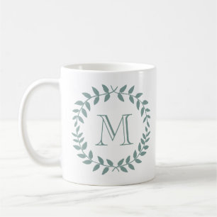 Dusty Sage Green Botanical Wreath Elegant Monogram Coffee Mug