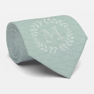 Dusty Sage Green Botanical Wreath Elegant Monogram Tie