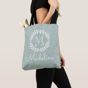 Dusty Sage Green Botanical Wreath Elegant Monogram Tote Bag