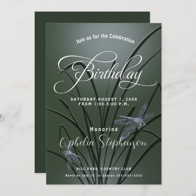 Dusty Sage Green Dragonfly Birthday Invitation (Front/Back)