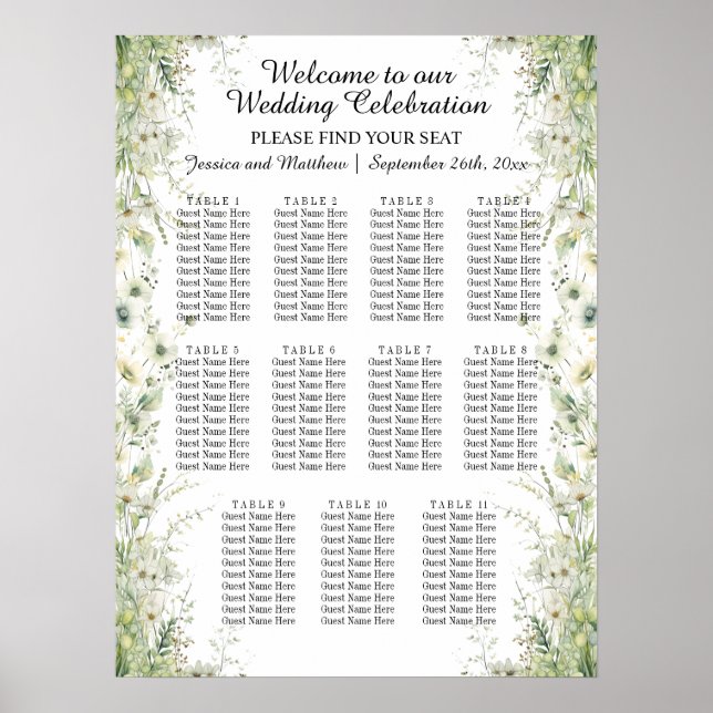 Dusty Sage Green Flowers 11 Tables Wedding Seating Poster (Front)