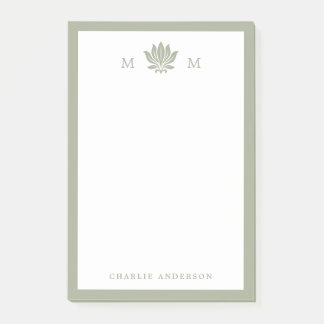 Dusty Sage Green Lotus Monogram Post-it Notes