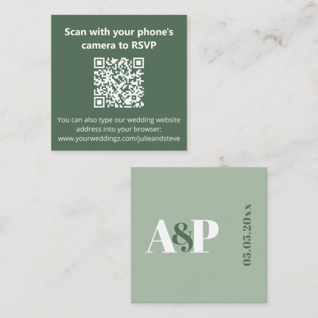 Dusty Sage Green Monogram QR Code Wedding Website Enclosure Card (Front/Back)