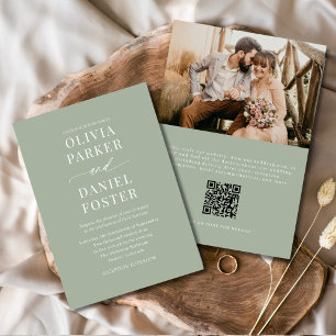 Dusty Sage Green QR Code Photo Wedding Invitation