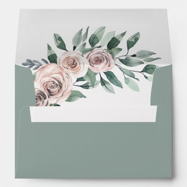 Dusty Sage Green Rose Boho Greenery Floral Wedding Envelope (Back (Bottom))