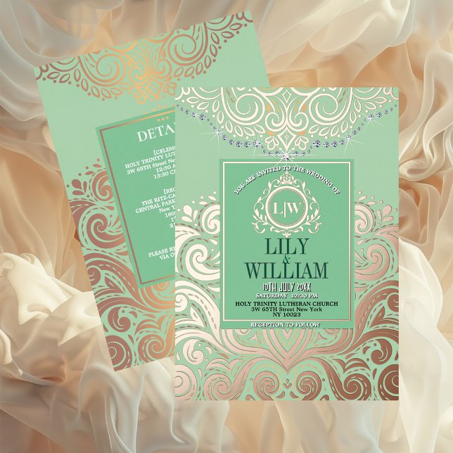 Dusty Sage Green RoseGold Classic Monogram Wedding (Luxurious Elegant Classic Boho Wedding Invitation - Real Foil and Monogram)