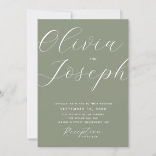 Dusty Sage Green Script Wedding with Photo + QR Invitation