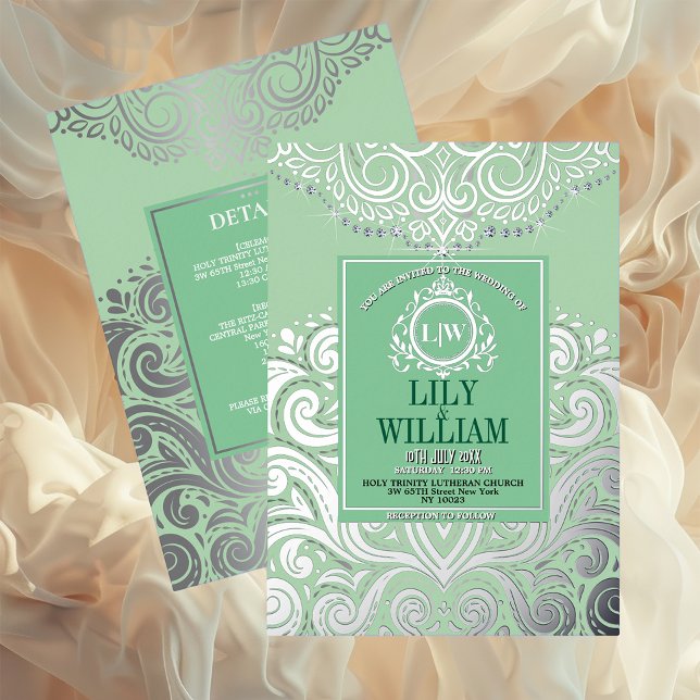 Dusty Sage Green Silver Classic Monogram Wedding (Luxurious Elegant Classic Boho Wedding Invitation - Real Foil and Monogram)