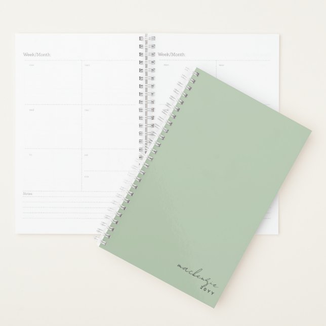 Dusty Sage Green Simple Minimalist Personalised Planner (Display)