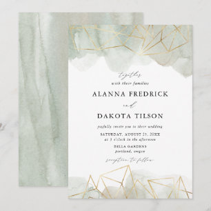 Dusty Sage Green Watercolor Gold Geometric Wedding Invitation