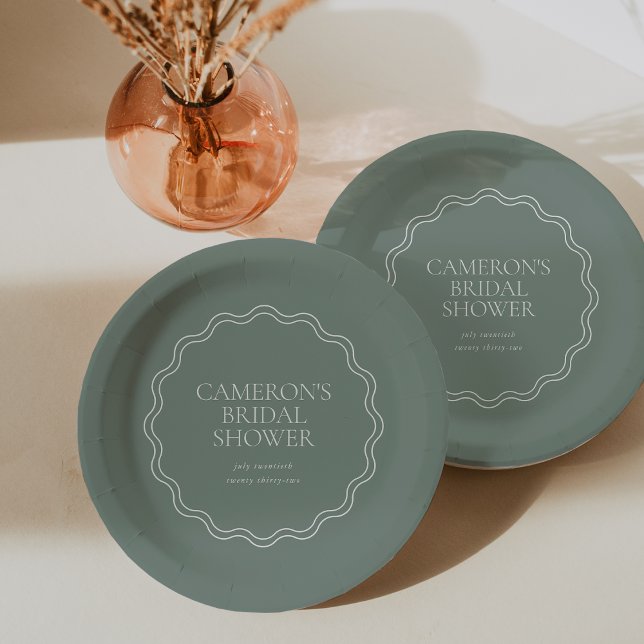 Dusty Sage | Wavy Scallop Border Bridal Shower Paper Plate (Creator Uploaded)