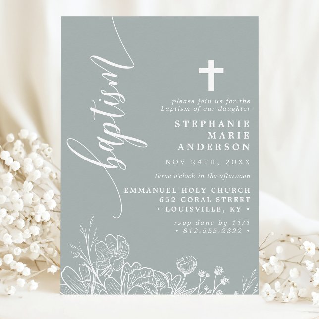 Dusty Sage White Floral Elegant Script Baptism Invitation (Creator Uploaded)