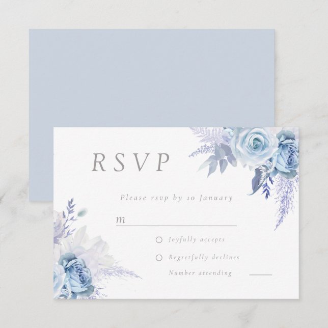 Dusty Sky Blue Divine Floral Wedding All Event RSVP Card (Front/Back)