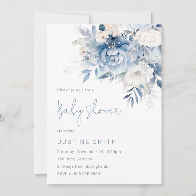 Dusty Sky Blue & White Flowers Baby Shower Invitation (Front)