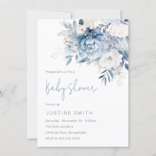 Dusty Sky Blue & White Flowers Baby Shower Invitation