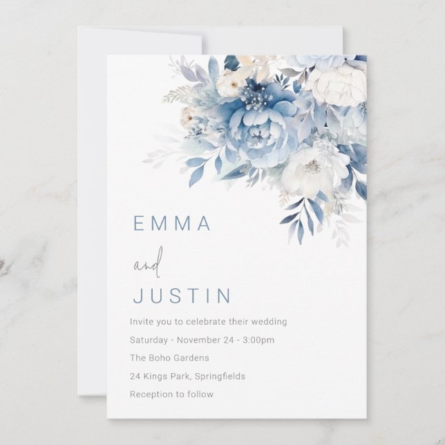 Dusty Sky Blue & White Flowers Wedding Invitation (Front)