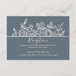 Dusty Slate Blue Silver Floral Sketch Wedding Enclosure Card