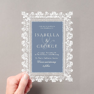 Dusty Slate Blue Vintage Lace Wedding Acrylic Invitations